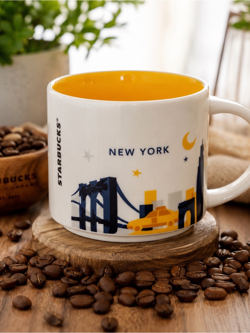Starbucks New York Mug — White Exterior with Yellow Interior and Blue Skyline
